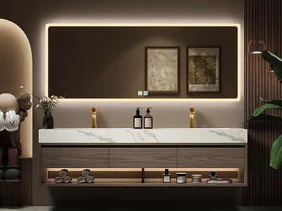 Modern Bathroom Vanity With Marble Countertop Illuminated Mirror Storage Drawers And Decorative Items 3d model