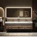Modern Bathroom Vanity With Marble Countertop Illuminated Mirror Storage Drawers And Decorative Items