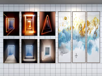 Modern Framed Wall Art With Geometric Shapes Light Effects And Abstract Landscapes 3d model