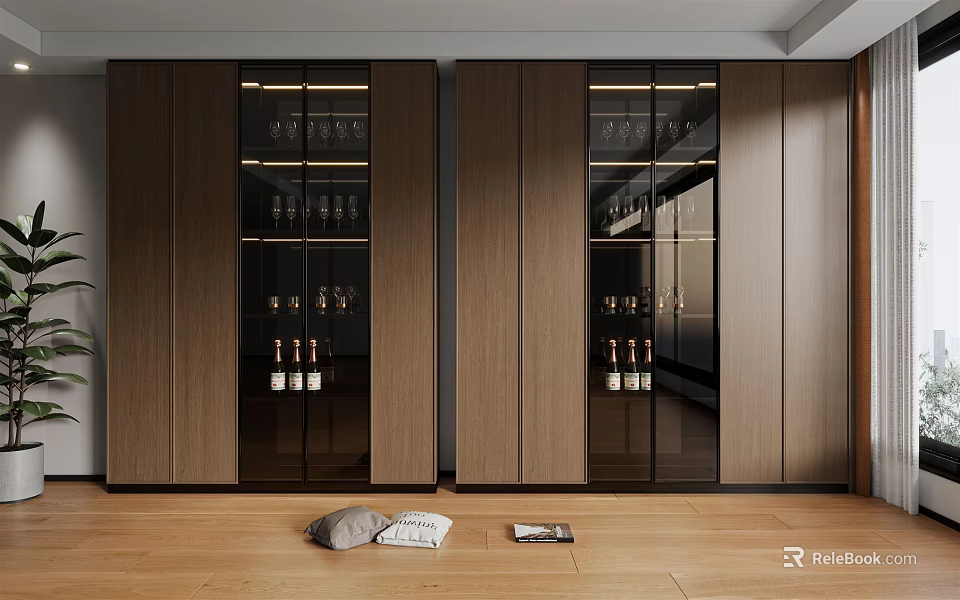 Modern Wooden Wine Cabinet with Glass Doors Holding Wine Bottles and Glasses in Contemporary Interior 3d model 