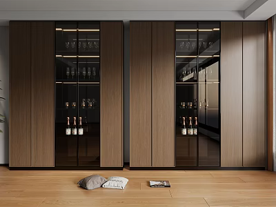 Modern Wooden Wine Cabinet with Glass Doors Holding Wine Bottles and Glasses in Contemporary Interior 3d model