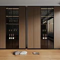 Modern Wooden Wine Cabinet with Glass Doors Holding Wine Bottles and Glasses in Contemporary Interior