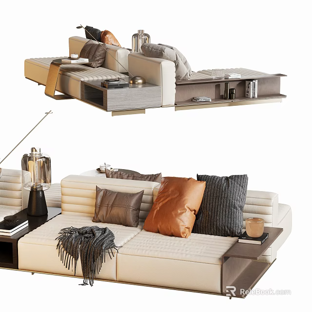 Modern Multi Seater Sofa With Beige Upholstery Colorful Pillows And Side Table 3d model 