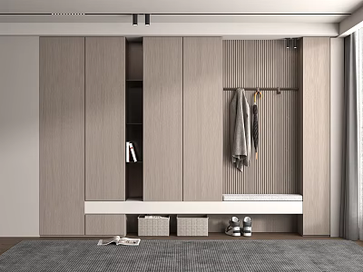 Modern Wooden Shoe Cabinet With Built in Coat Hanging Area And Storage Baskets 3d model