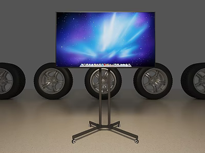 Modern TV on Wheeled Stand Displaying Blue Purple Starry Sky With Five Black Tires Behind 3d model