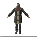 Bearded Man Wearing Dark Green Long Coat With Yellow Buttons Red Collar Black Pants