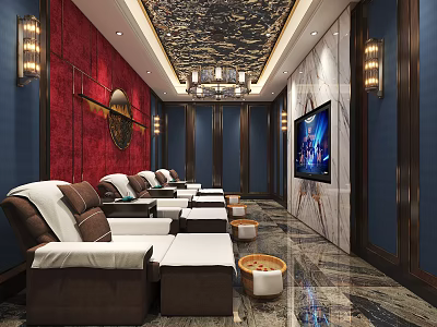 Elegant SPA Sauna Lounge With Massage Chairs Red Blue Walls Chandelier And TV Screen 3d model