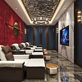 Elegant SPA Sauna Lounge With Massage Chairs Red Blue Walls Chandelier And TV Screen