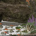 Tranquil Garden Landscape with Stone Pond Water Lilies Fish and Surrounding Plants