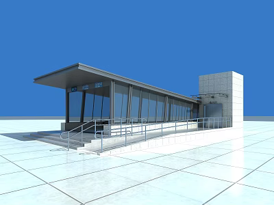 Modern Station Exterior With Glass Walls Metal Canopy Stairs Railings And Blue Sky 3d model