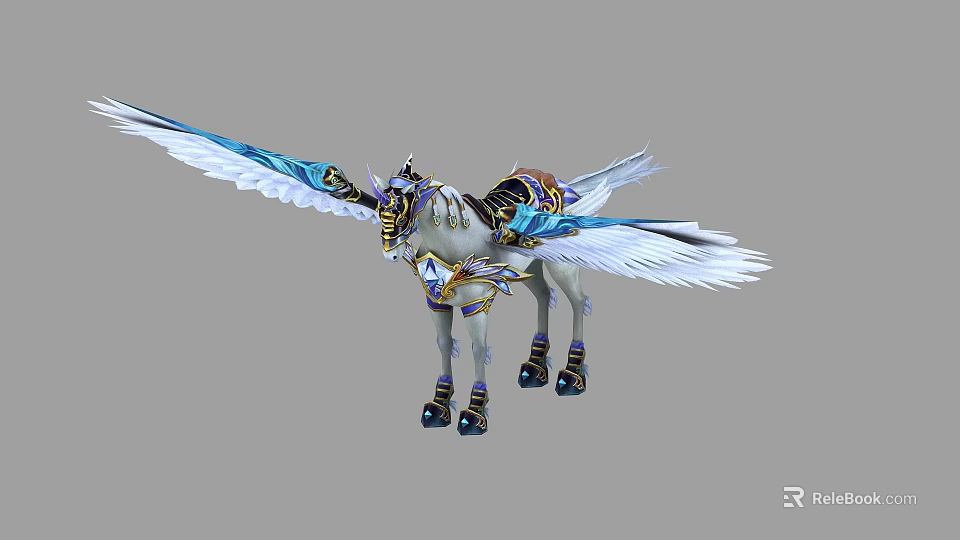 Mythical Winged Horse With White Feathered Wings And Ornate Saddle Design 3d model 