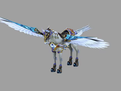 Mythical Winged Horse With White Feathered Wings And Ornate Saddle Design 3d model