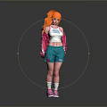 Stylish Woman with Orange Hair Wearing White Tank Top Pink Jacket and Blue Shorts