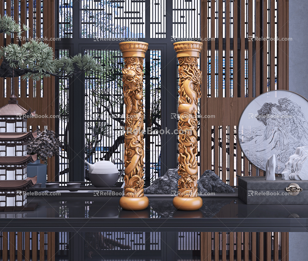 Chinese-style Column Lotus Seat Plate Dragon Play Pearl Column Sculpture Furnishings 3d model