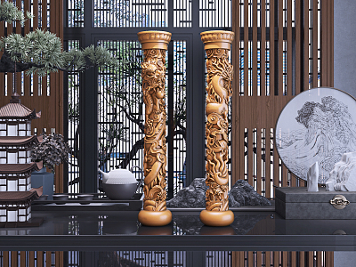 Chinese-style Column Lotus Seat Plate Dragon Play Pearl Column Sculpture Furnishings model