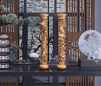 Chinese-style Column Lotus Seat Plate Dragon Play Pearl Column Sculpture Furnishings 3d model