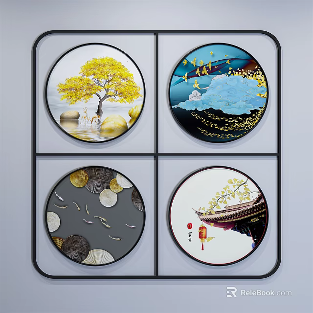 Round Frame Paintings With Yellow Tree Stone Cloud Fish Moon Branch Lantern 3d model