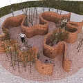 Garden Feature With Winding Red Brick Low Walls And Surrounding Slender Trees On Gravel Ground