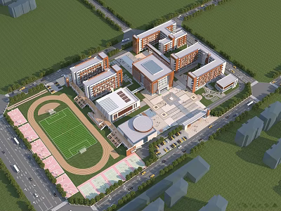 Campus School Buildings Featuring Classroom Blocks Sports Field Central Plaza And Green Areas 3d model