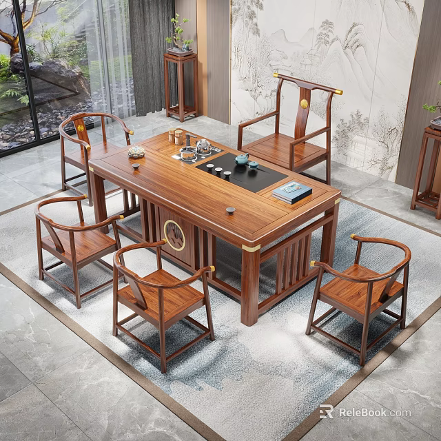Traditional Tea Room Interior With Solid Wood Table Chinese Style Chairs And Tea Set 3d model