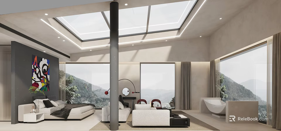 Modern Hotel Room Interior With Skylight Floor to Ceiling Windows Mountain View and Comfortable Sofa 3d model 