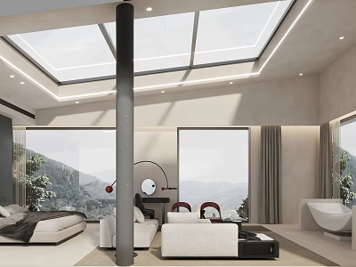 Modern Hotel Room Interior With Skylight Floor to Ceiling Windows Mountain View and Comfortable Sofa 3d model