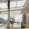 Modern Hotel Room Interior With Skylight Floor to Ceiling Windows Mountain View and Comfortable Sofa