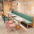 Dessert Shop Interior Design With Green Banquette Colorful Chairs And White Marble Tables