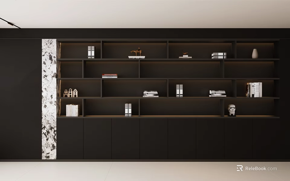 Modern Luxury Black Decorative Cabinet with Open Shelves and Marble Texture Accent Panel 3d model 
