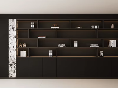 Modern Luxury Black Decorative Cabinet with Open Shelves and Marble Texture Accent Panel 3d model