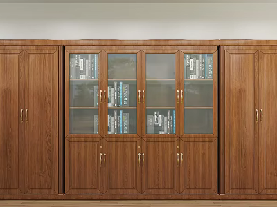 Traditional Wooden Bookcase Design With Glass Doors Central Display And Side Cabinets 3d model