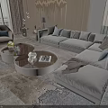 Modern Gray Sectional Sofa And Round Coffee Tables With Cushions On Patterned Rug 3d model
