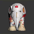 Decorative Elephant Figurine With Colorful Hand Painted Sun Giraffe Umbrella And House Patterns