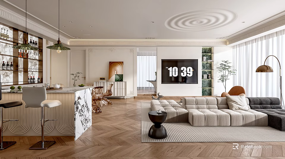 Modern Elegant Open Living And Dining Room Interior With Marble Island And Herringbone Wood Floor 3d model 