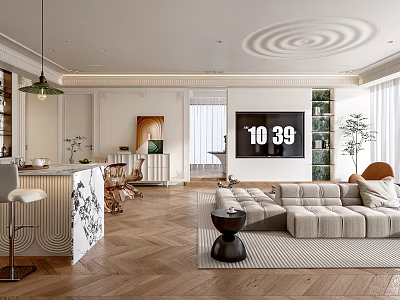 Modern Elegant Open Living And Dining Room Interior With Marble Island And Herringbone Wood Floor 3d model