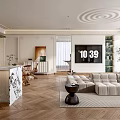 Modern Elegant Open Living And Dining Room Interior With Marble Island And Herringbone Wood Floor