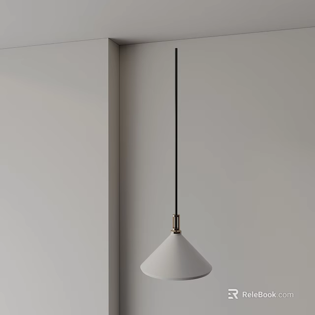 Minimalist Pendant Light with White Shade Black Cord and Gold Detail in Corner White Wall 3d model 