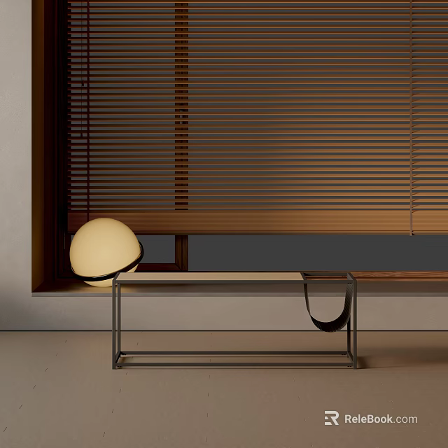 Modern Sofa And Coffee Table Set With Metal Frame And Round Lamp Near Wooden Blinds 3d model 