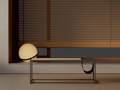 Modern Sofa And Coffee Table Set With Metal Frame And Round Lamp Near Wooden Blinds 3d model