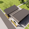 Modern Wooden Building Exterior With White Wall Black Roof Lawn Sidewalk And Trees