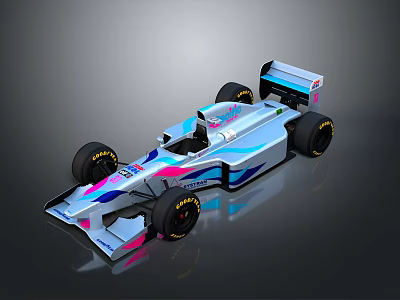 Racing Car in Blue and Pink with Sleek Design Rear Wing and Black Tires 3d model