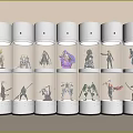Neatly Arranged Transparent Display Jars With White Bases And Lids Holding Figure Sculptures
