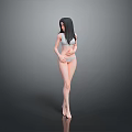 Woman With Long Black Hair Wearing Gray Tank Top And Underwear Barefoot Against Gray Background