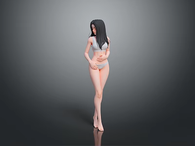 Woman With Long Black Hair Wearing Gray Tank Top And Underwear Barefoot Against Gray Background 3d model