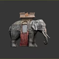 Ornate Elephant Sculpture With Decorative Tower Top And Red Drapery Details