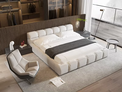 Contemporary Double Bed With Soft Padded Headboard Bedside Table Area Rug And Accent Chair 3d model