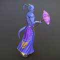 Game and Movie Character Blue Skinned with Crown Purple Robe Golden Accents and Pink Crystal Staff