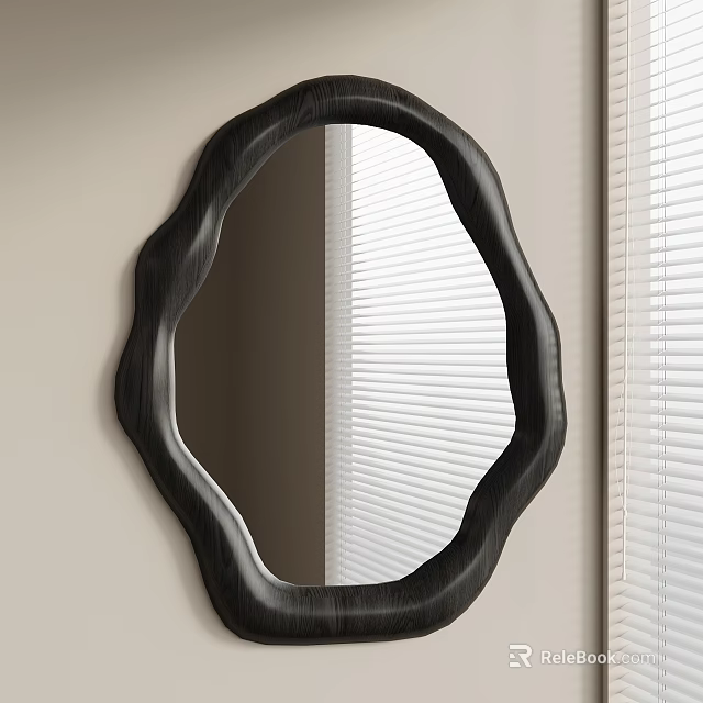 Black Frame Irregular Shape Mirror Mounted On Light Colored Wall With Window Blinds 3d model 