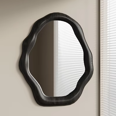 Black Frame Irregular Shape Mirror Mounted On Light Colored Wall With Window Blinds 3d model