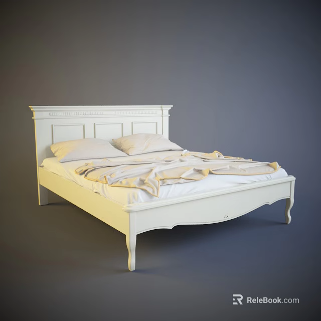 White Double Bed With Simple Headboard Design And Soft Bed Sheets Pillows 3d model